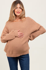 Light Taupe Balloon Sleeve Boat Neck Knit Maternity Sweater