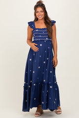 Royal Blue Floral Embroidered Smocked Maternity Maxi Dress