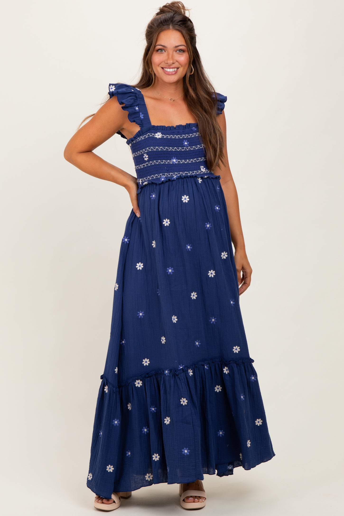 Royal Blue Floral Embroidered Smocked Maternity Maxi Dress