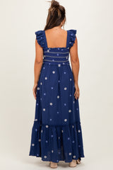 Royal Blue Floral Embroidered Smocked Maternity Maxi Dress