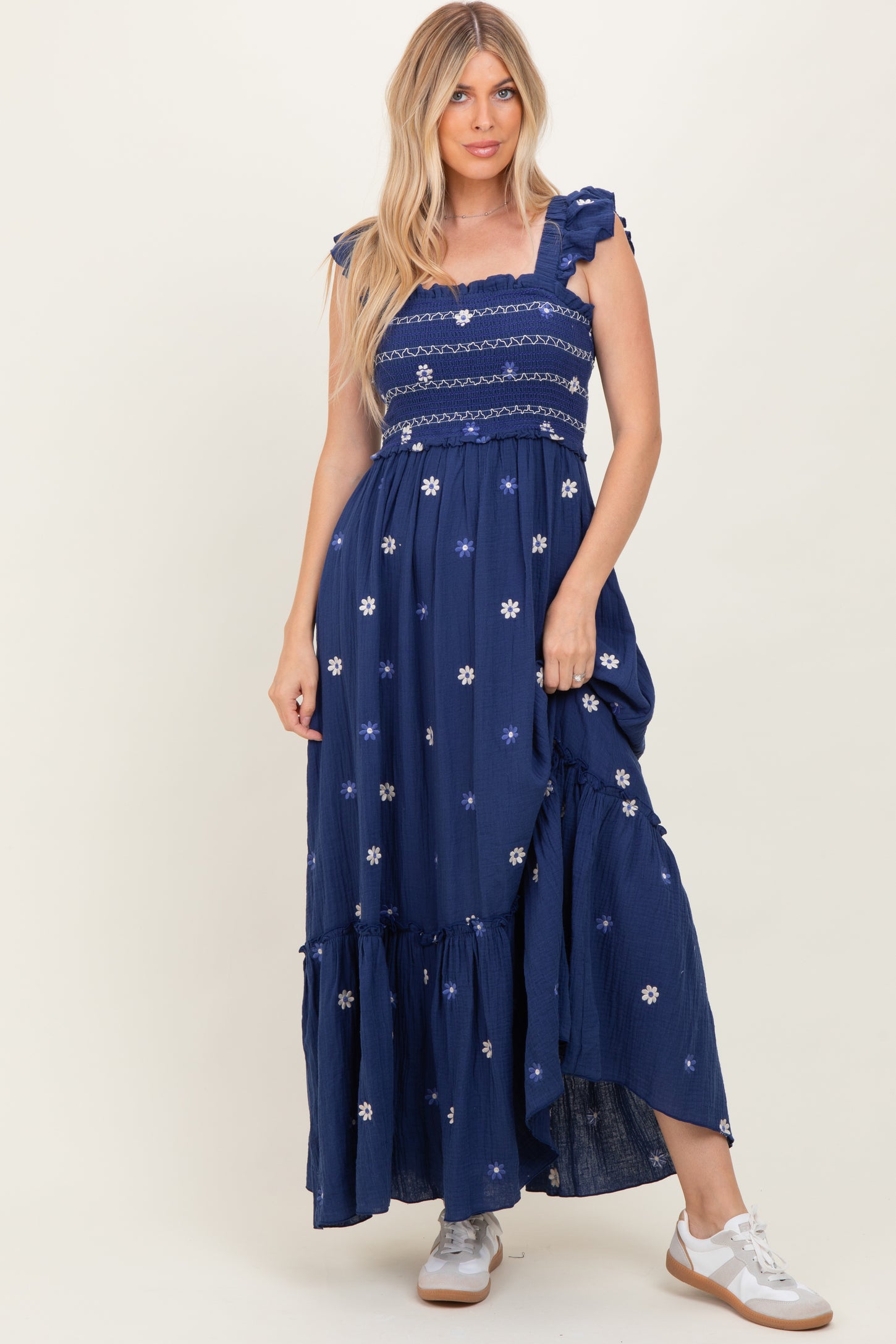 Royal Blue Floral Embroidered Smocked Maxi Dress Royal Blue Floral Embroidered Smocked Maxi Dress