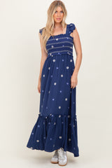Royal Blue Floral Embroidered Smocked Maxi Dress