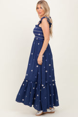 Royal Blue Floral Embroidered Smocked Maxi Dress