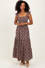 Brown Off White Floral Embroidered Tiered Maxi Dress