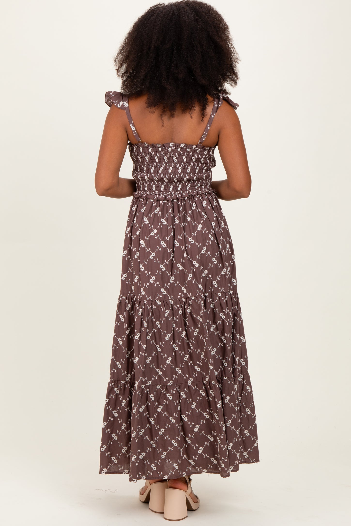 Brown Off White Floral Embroidered Tiered Maxi Dress
