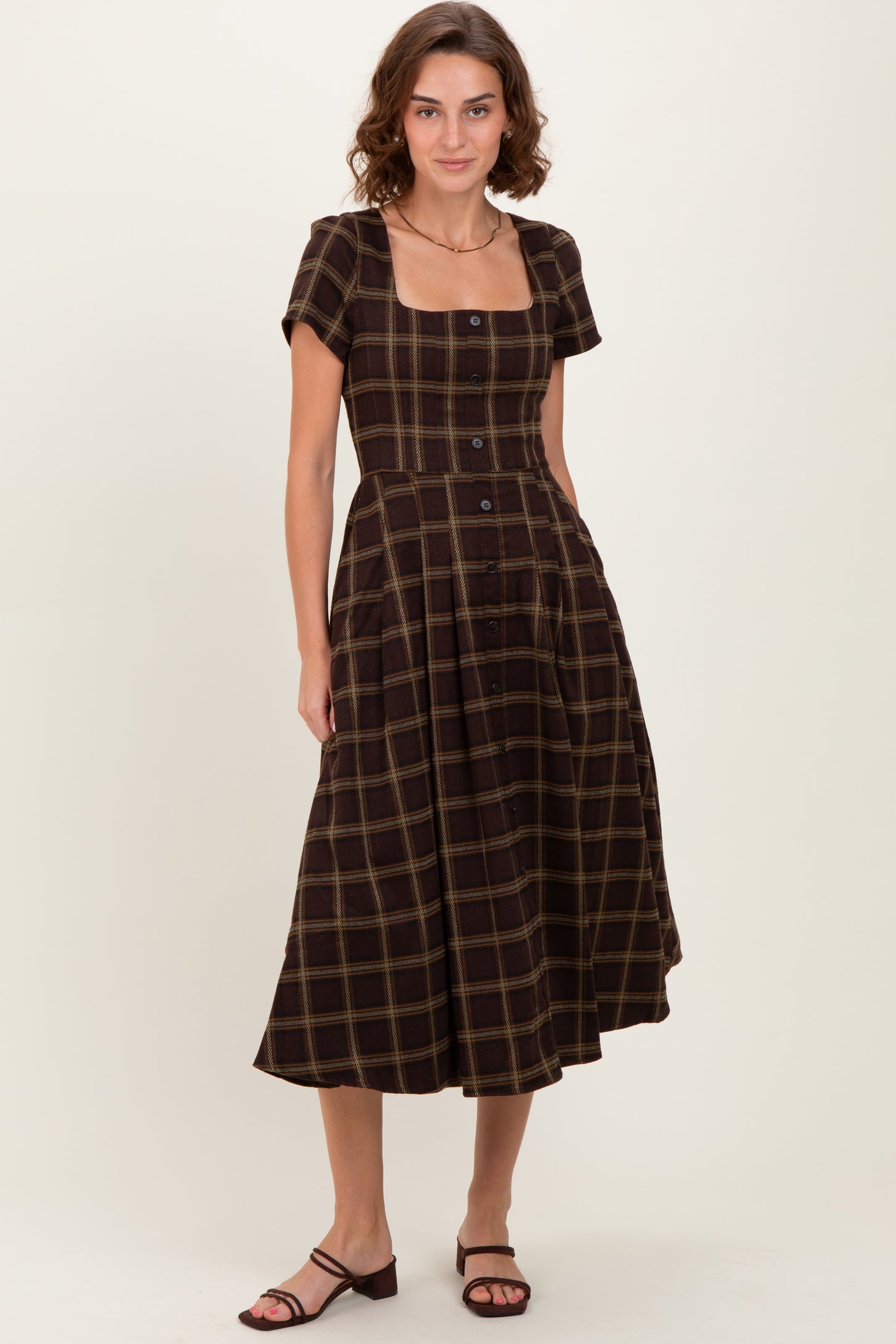 Brown Plaid Button Down Midi Dress