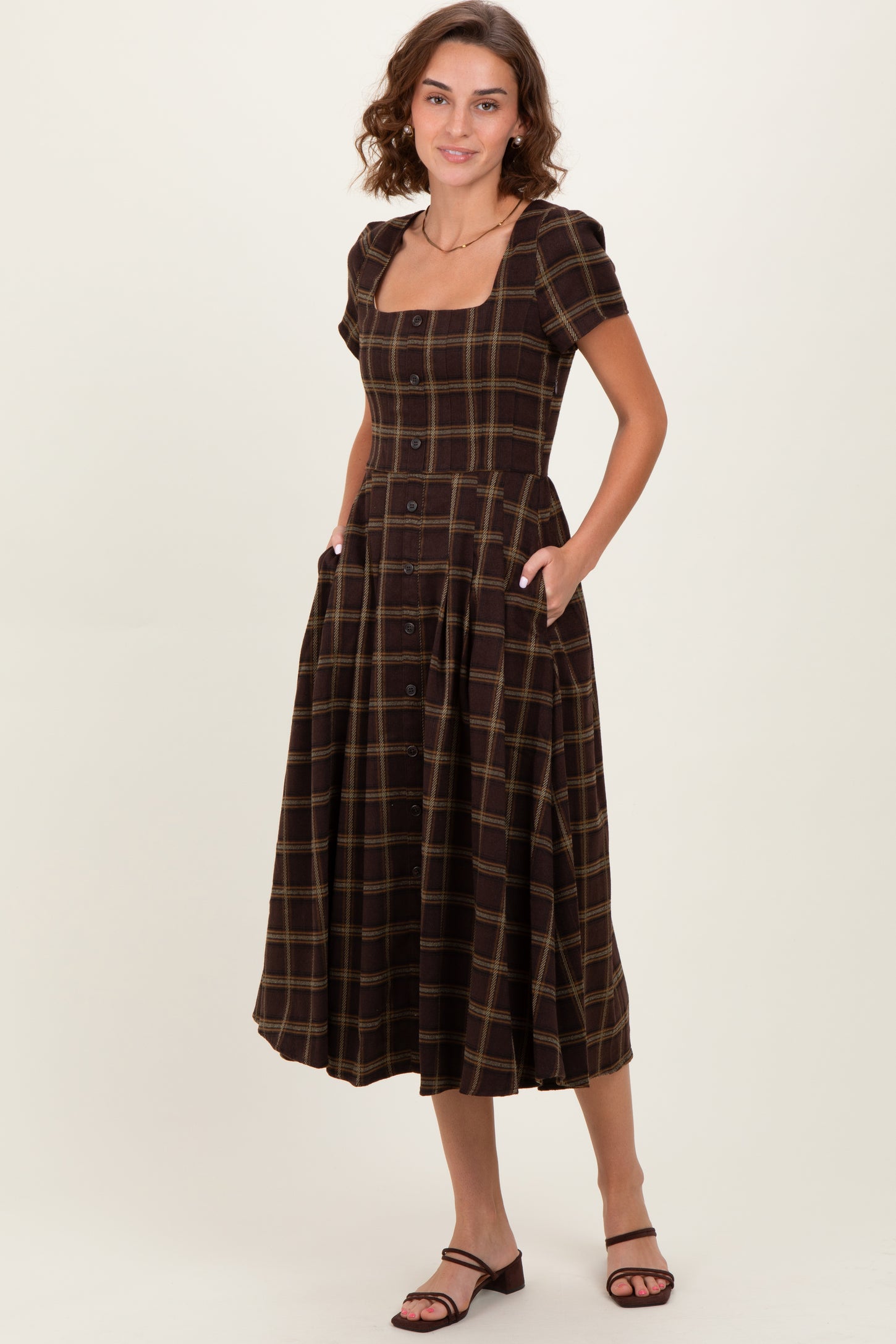 Brown Plaid Button Down Maternity Midi Dress