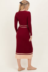 Burgundy Elegant Ribbed Midi Sweater Dress With Belt