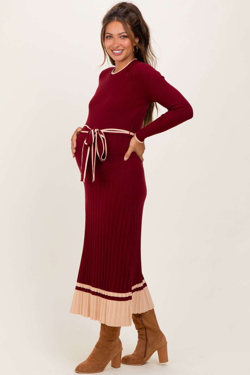 midi burgundy sweater dress Burgundy Elegant Ribbed Midi Sweater Dress With Belt – PinkBlush