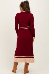 Burgundy Elegant Ribbed Midi Sweater Dress With Belt