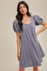 Blue Pintuck Detailed Cotton Double Gauze Mini Dress