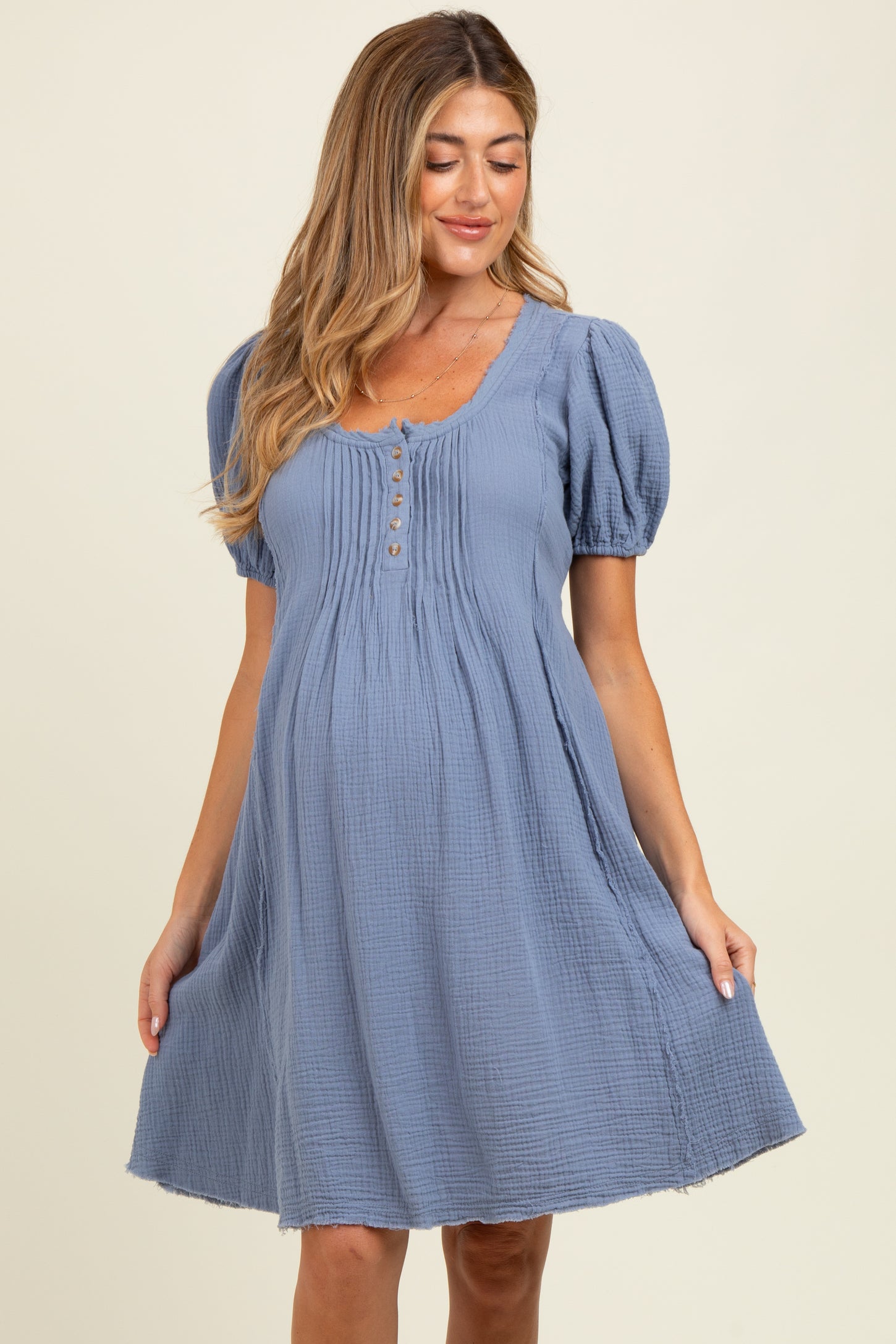 Blue Pintuck Detailed Cotton Double Gauze Maternity Mini Dress