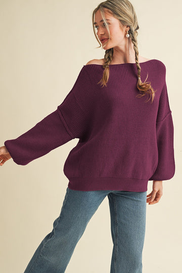 Plum Balloon Sleeve Boat Neck Knit Sweater