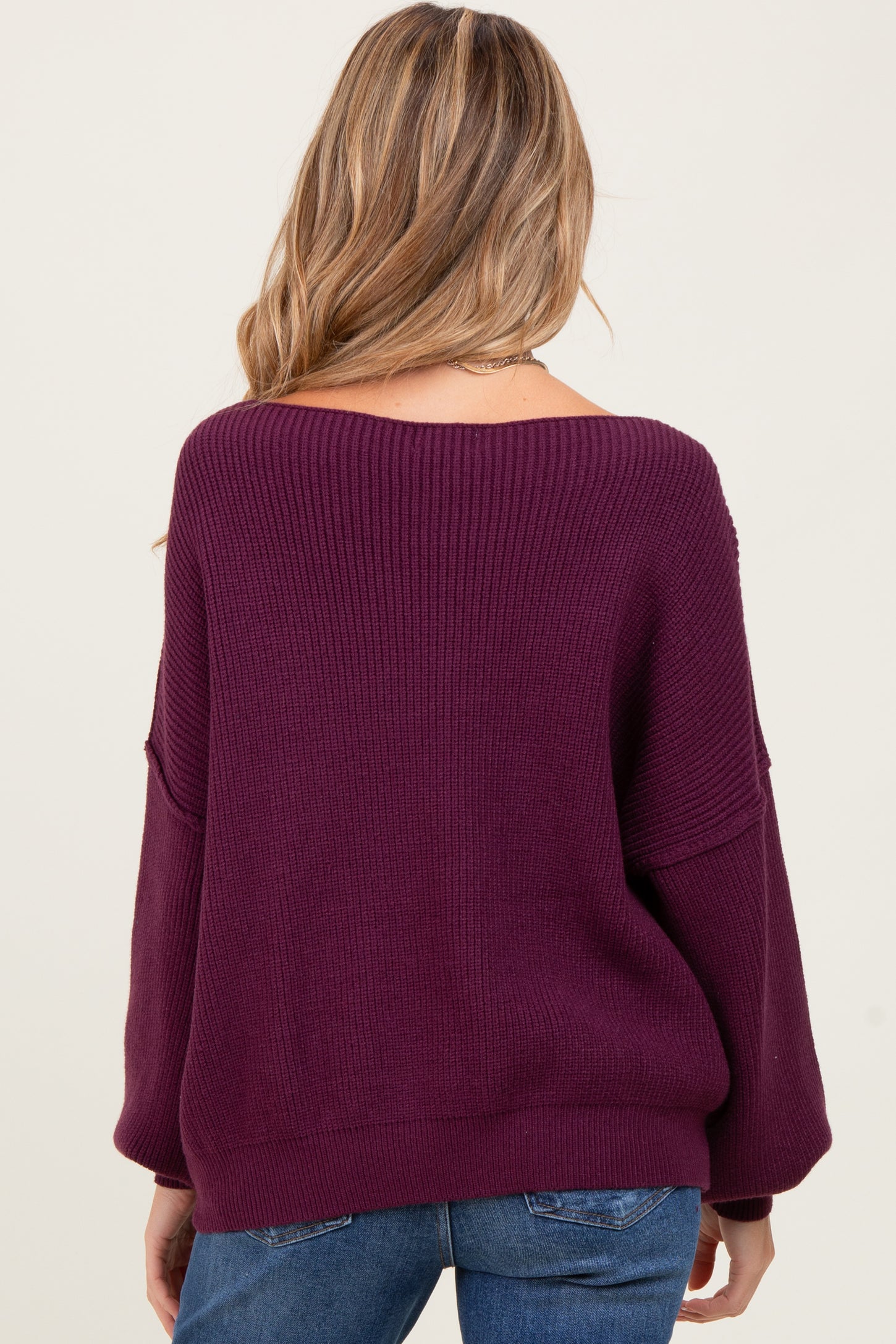 Plum Balloon Sleeve Boat Neck Knit Maternity Sweater