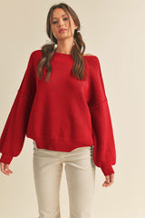 Red Balloon Sleeve Boat Neck Knit Sweater