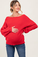 Red Balloon Sleeve Boat Neck Knit Maternity Sweater