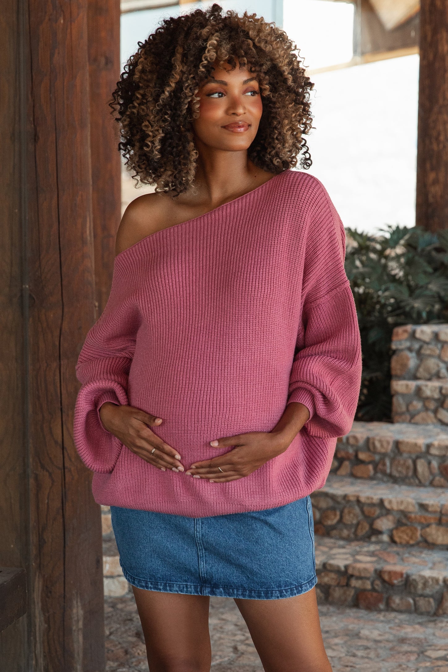 Mauve Balloon Sleeve Boat Neck Knit Maternity Sweater