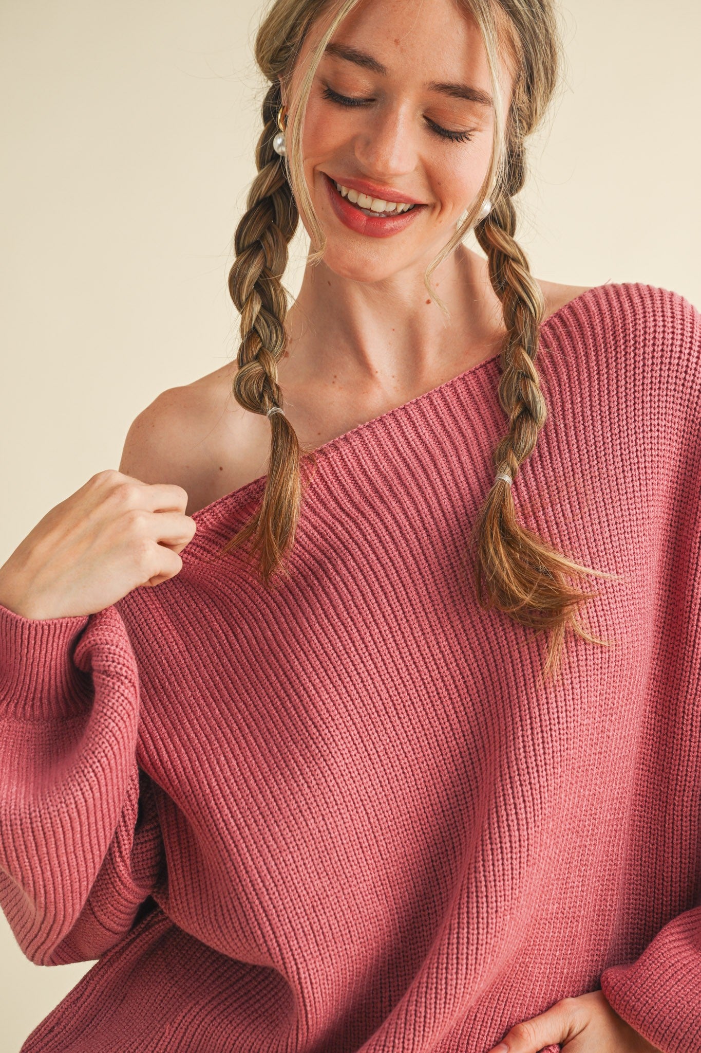 Mauve Balloon Sleeve Boat Neck Knit Sweater