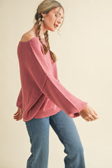 Mauve Balloon Sleeve Boat Neck Knit Sweater