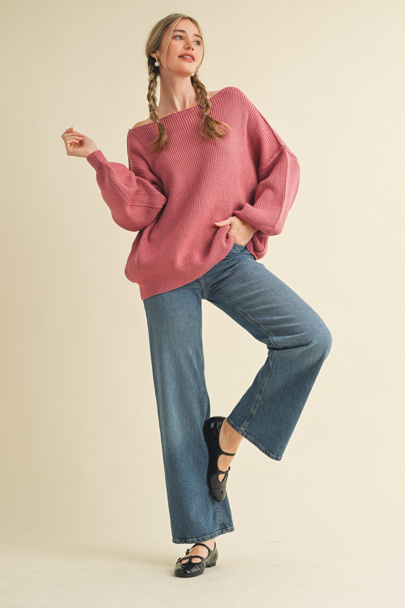 Mauve Balloon Sleeve Boat Neck Knit Sweater