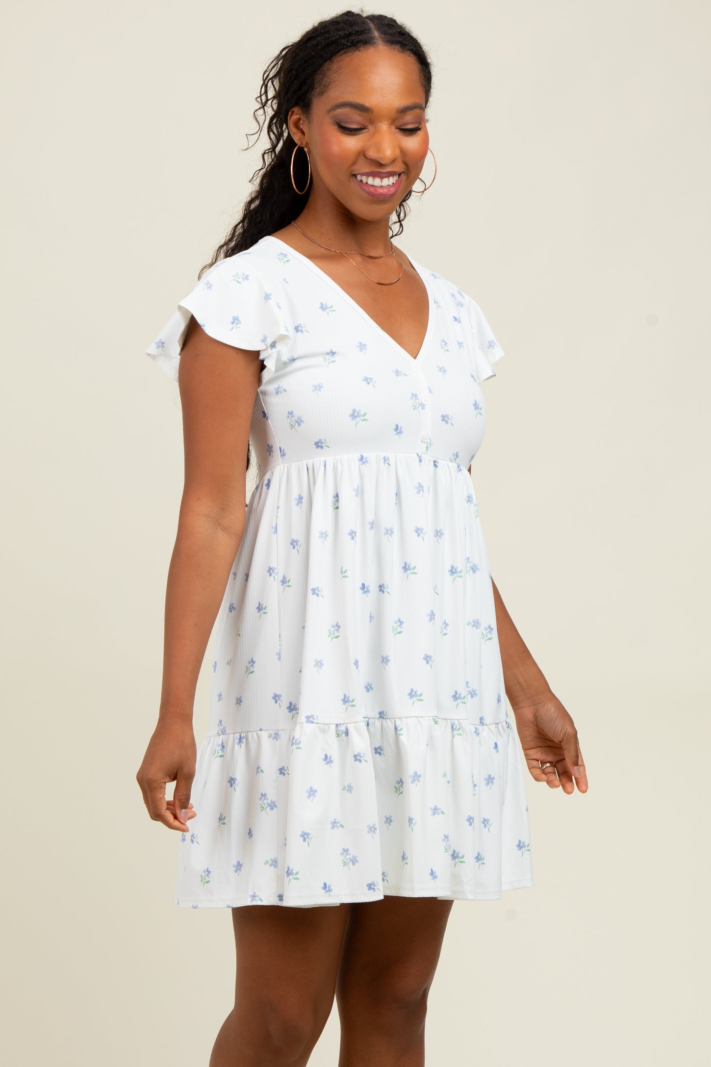 White Ruffle Sleeve Tiered Floral Knit Rib Mini Dress