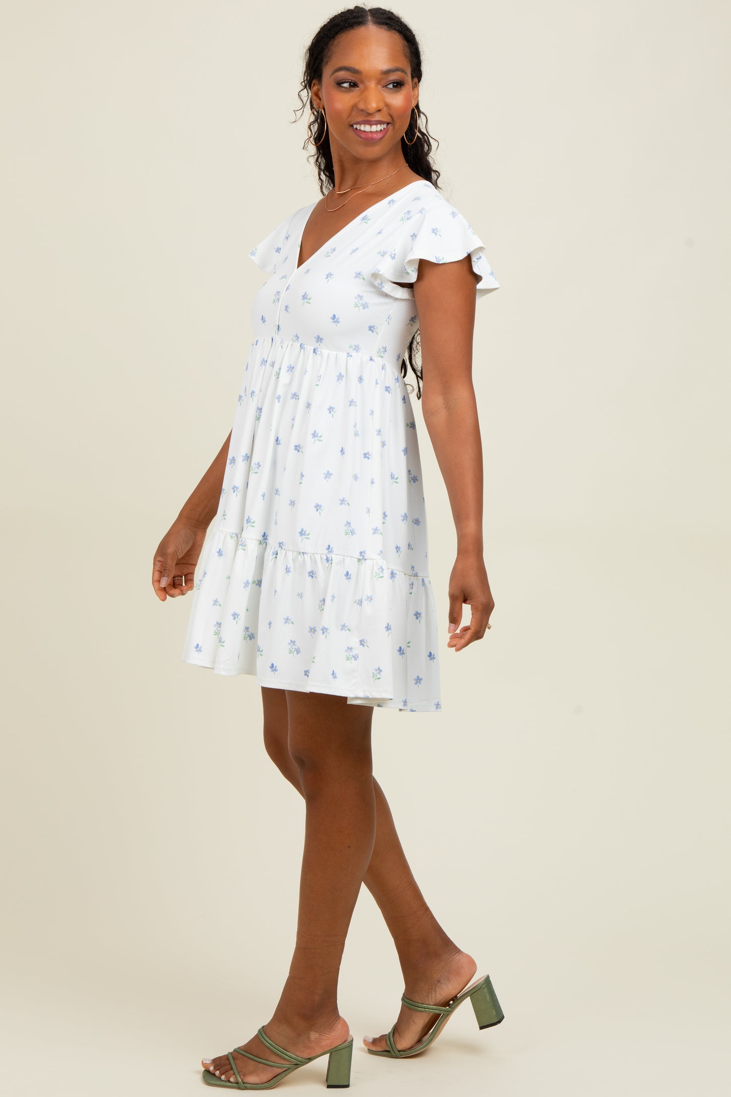 White Ruffle Sleeve Tiered Floral Knit Rib Mini Dress