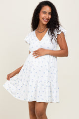 White Ruffle Sleeve Tiered Floral Knit Rib Maternity Mini Dress