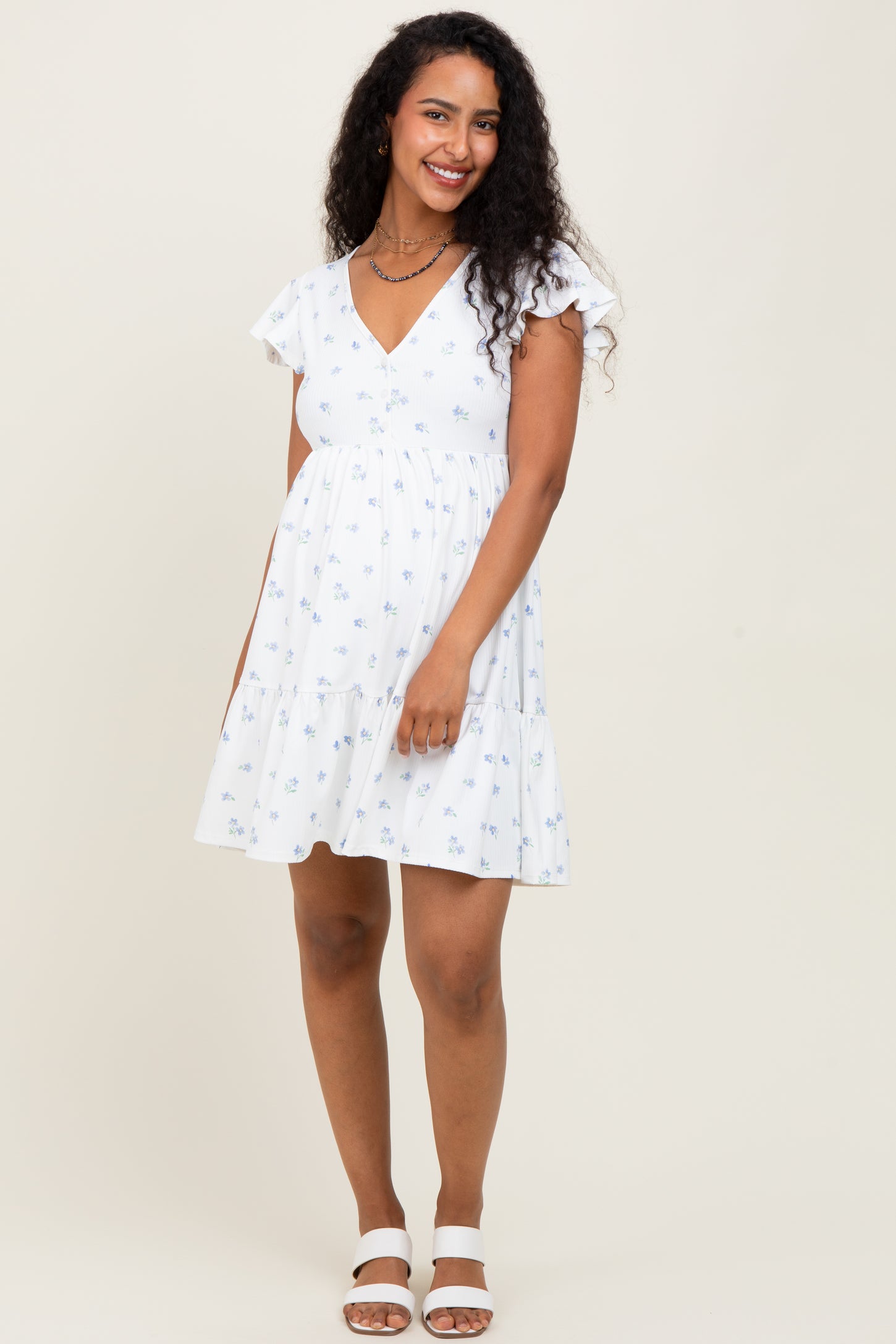 White Ruffle Sleeve Tiered Floral Knit Rib Maternity Mini Dress