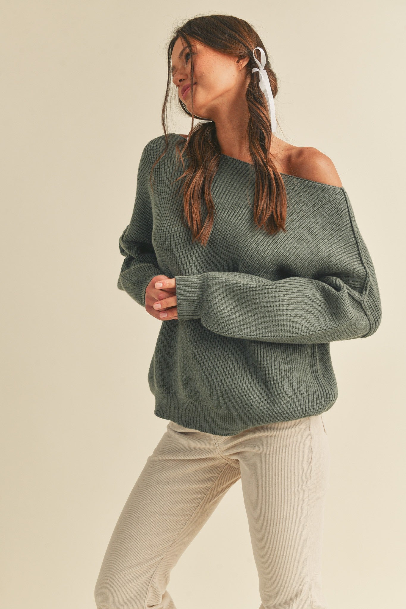 Olive Balloon Sleeve Boat Neck Knit Maternity Sweater