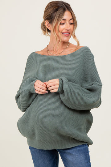 Olive Balloon Sleeve Boat Neck Knit Maternity Sweater