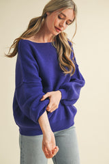 Royal Blue Balloon Sleeve Boat Neck Knit Sweater
