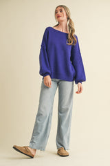 Royal Blue Balloon Sleeve Boat Neck Knit Sweater