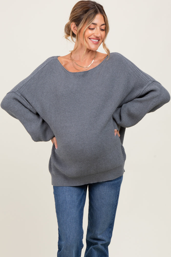 Charcoal Balloon Sleeve Boat Neck Knit Maternity Sweater
