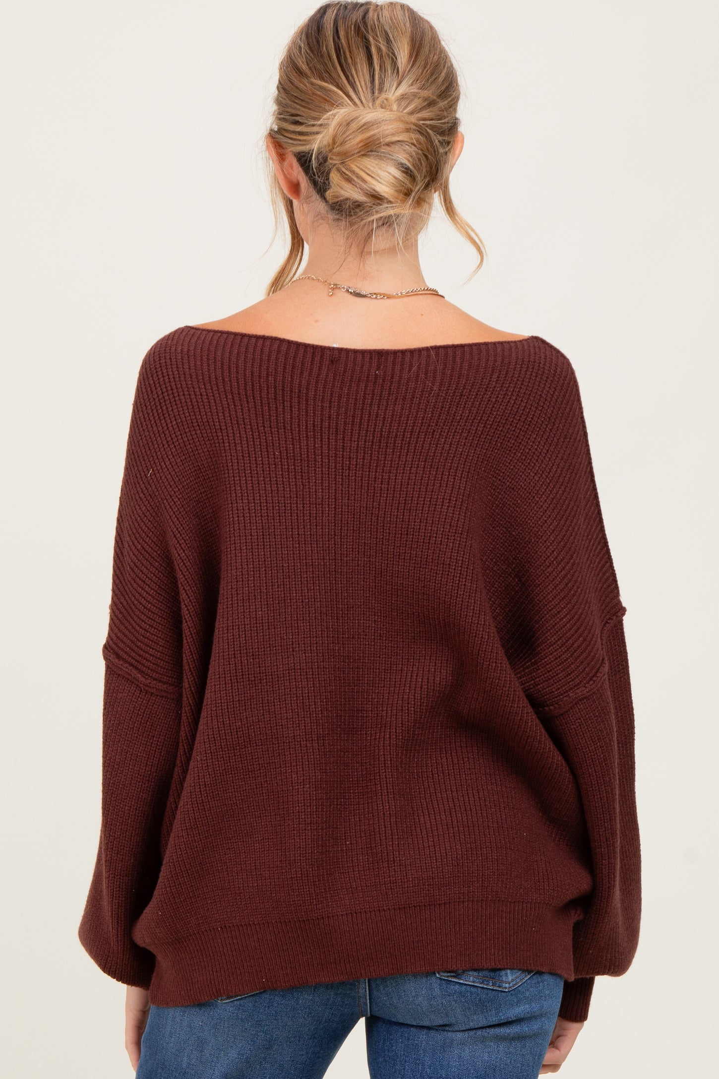 Brown Balloon Sleeve Boat Neck Knit Maternity Sweater