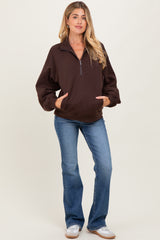 Brown French Terry Quarter Zip Maternity Pullover