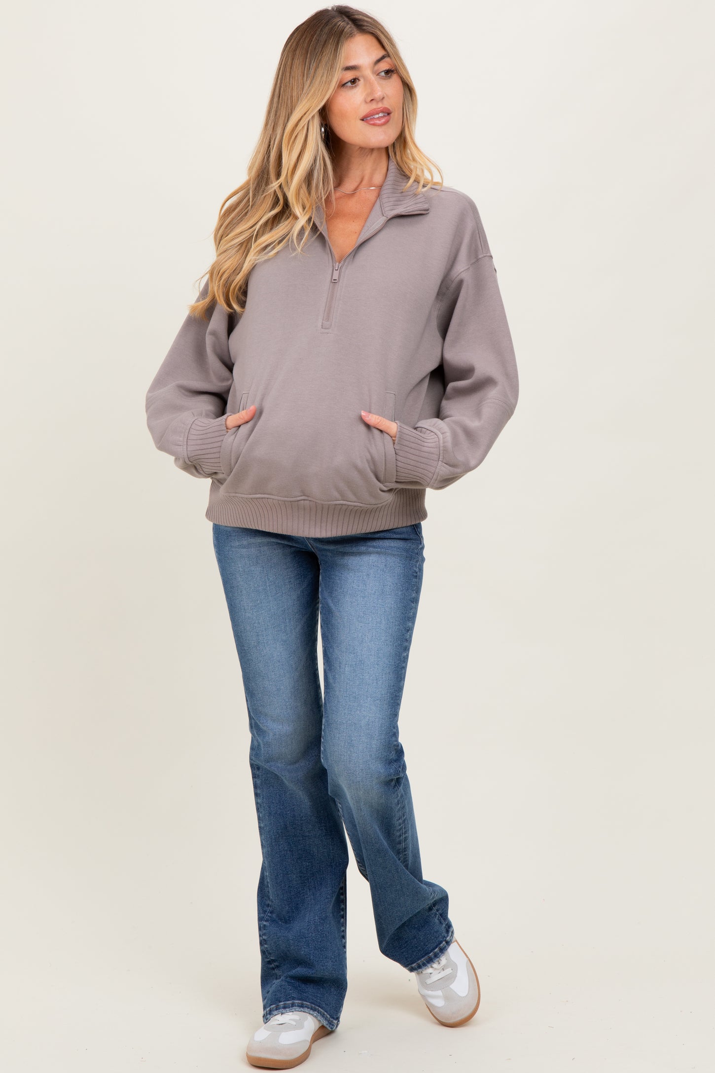 Taupe French Terry Quarter Zip Maternity Pullover
