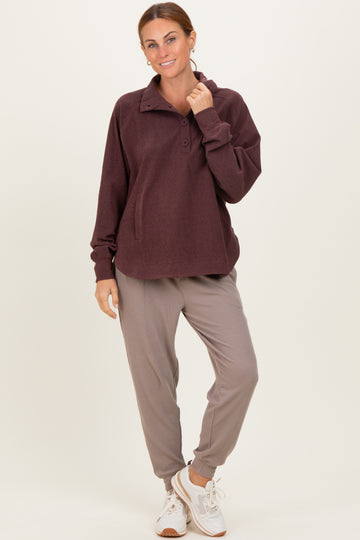Burgundy Brushed Knit Button Collar Pullover