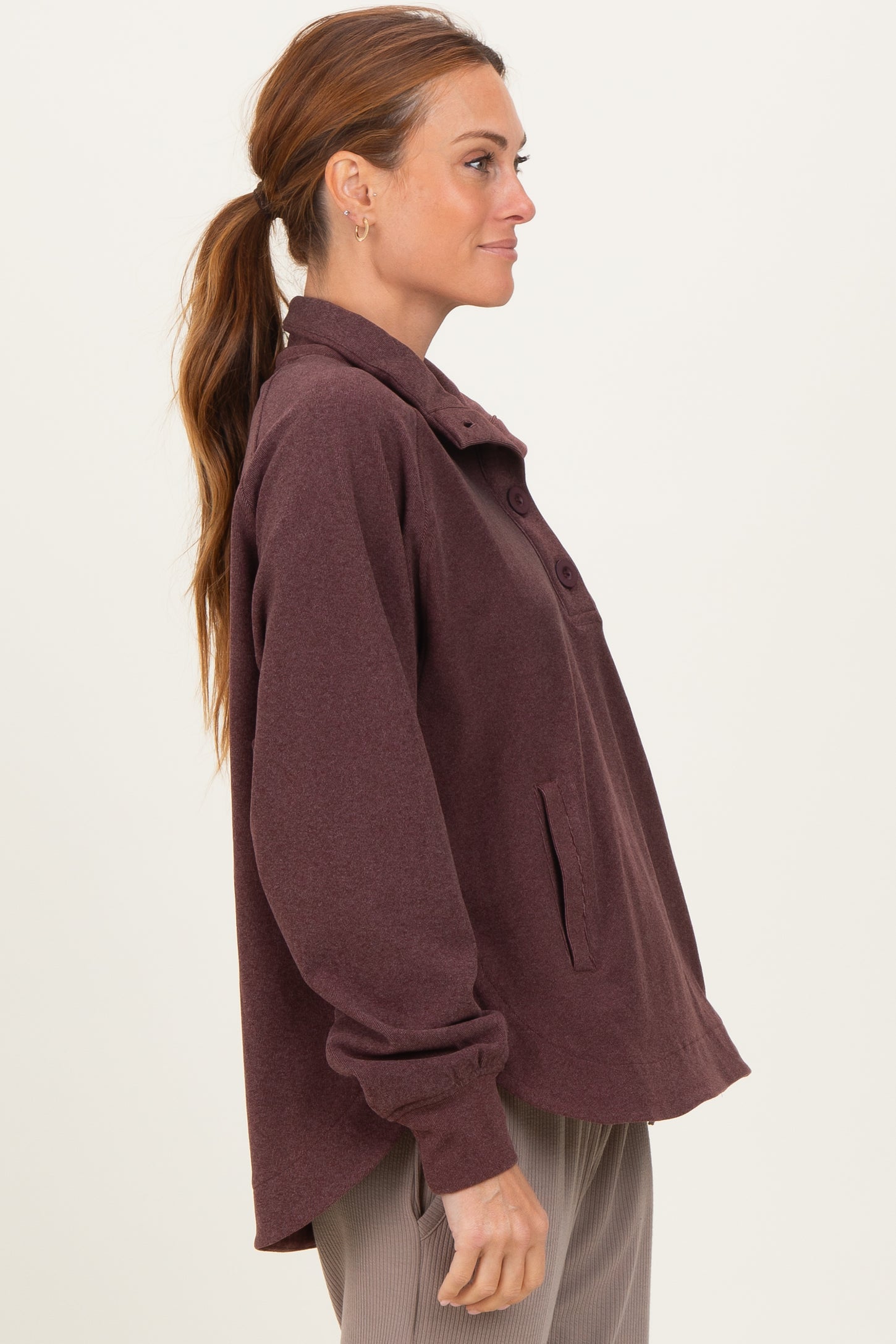 Burgundy Brushed Knit Button Collar Pullover