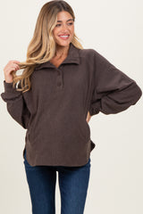 Brown Brushed Knit Button Collar Maternity Pullover