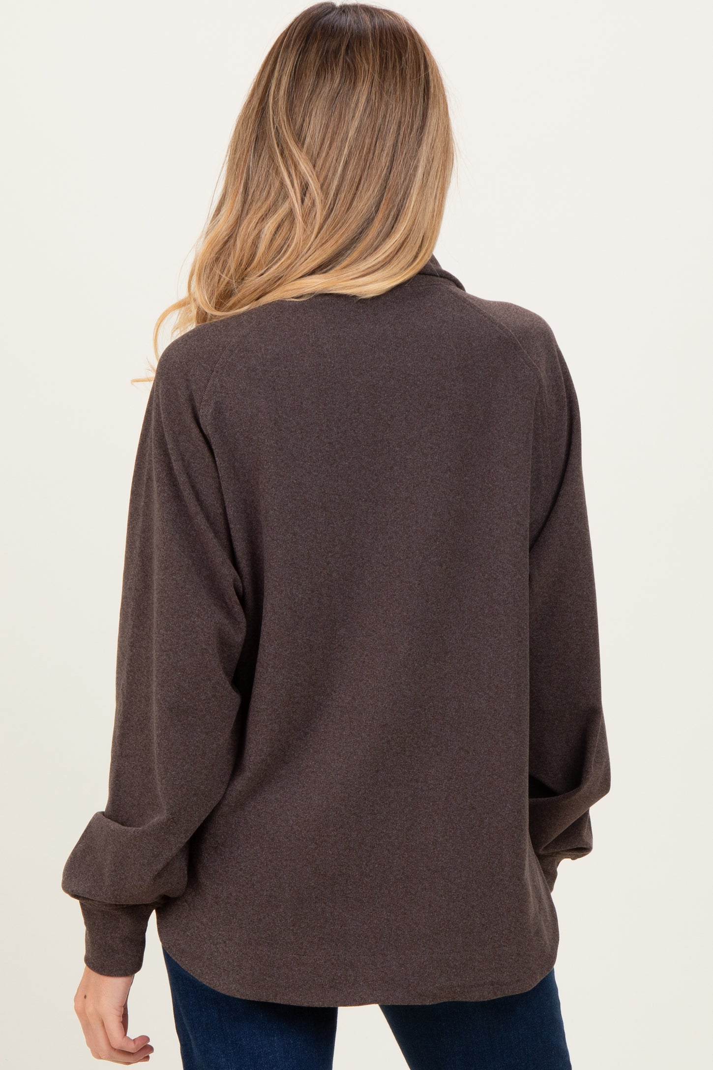 Brown Brushed Knit Button Collar Maternity Pullover