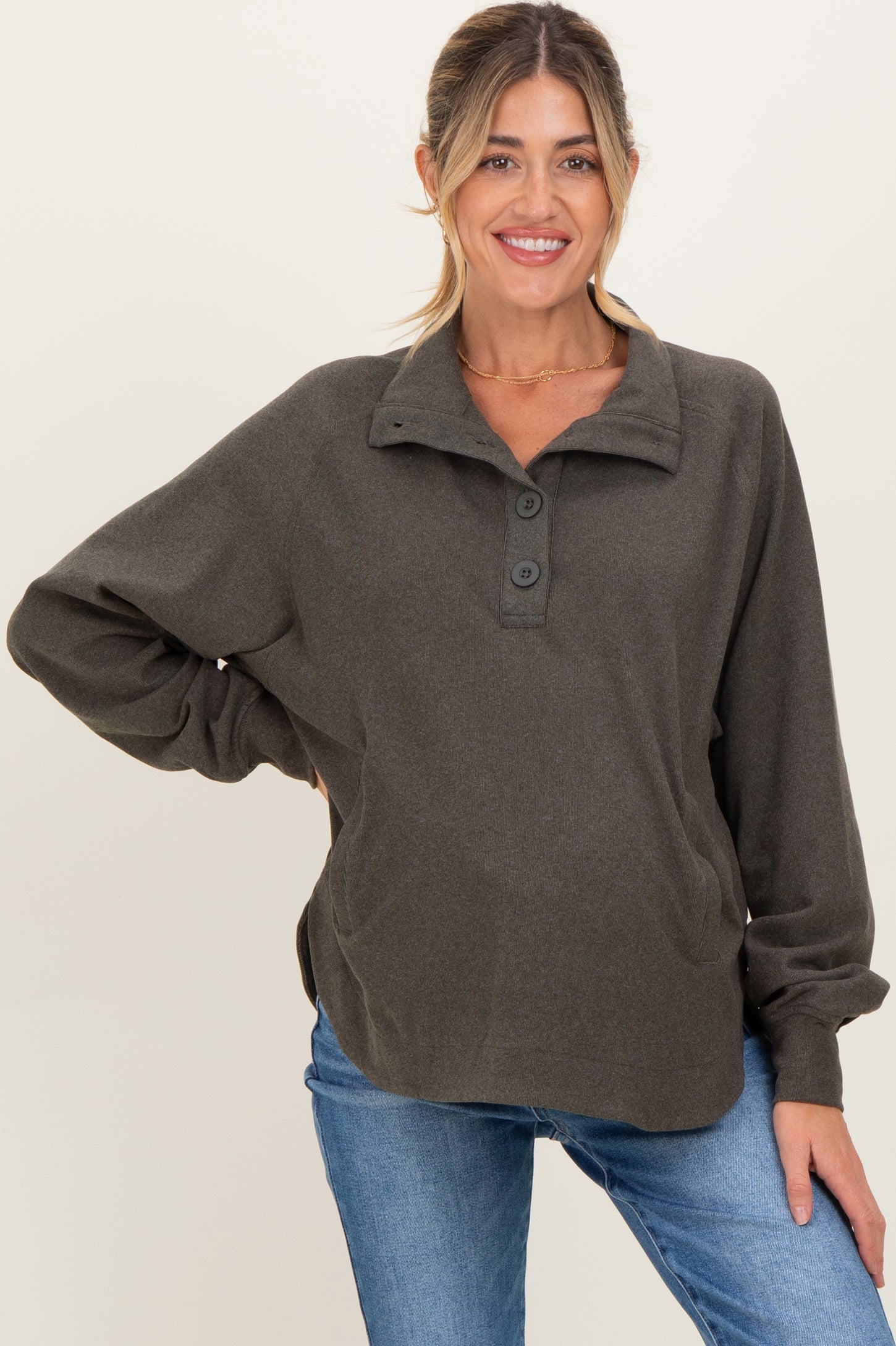Forest Green Brushed Knit Button Collar Maternity Pullover