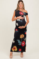 Black Mesh Floral One Shoulder Maternity Maxi Dress