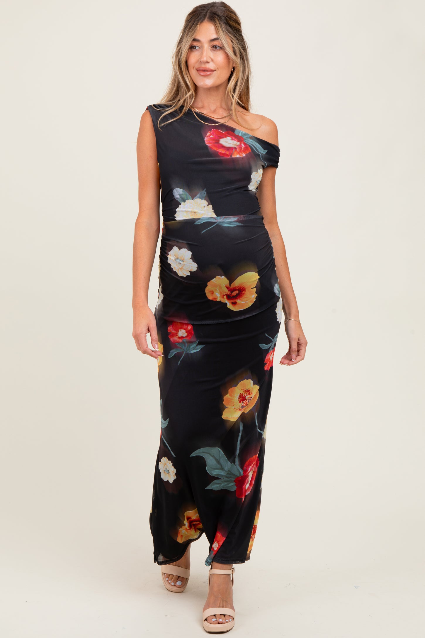Black Mesh Floral One Shoulder Maternity Maxi Dress