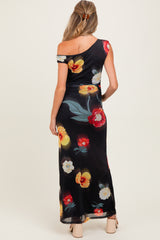 Black Mesh Floral One Shoulder Maternity Maxi Dress