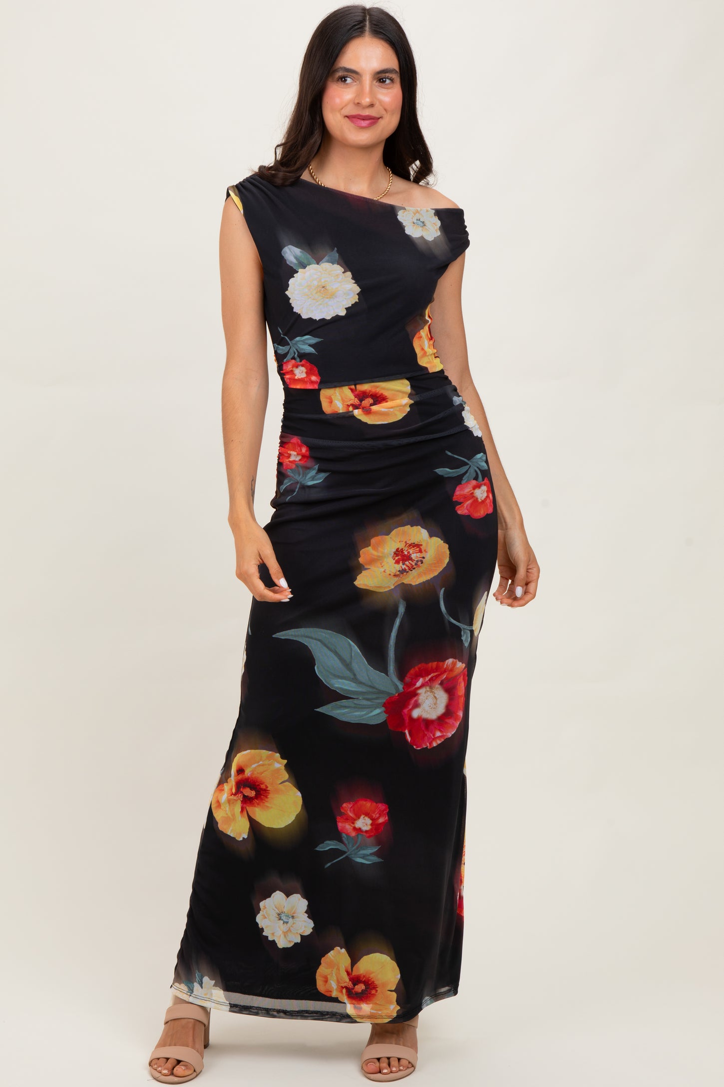 black mesh dress floral Black Mesh Floral One Shoulder Maternity Maxi Dress