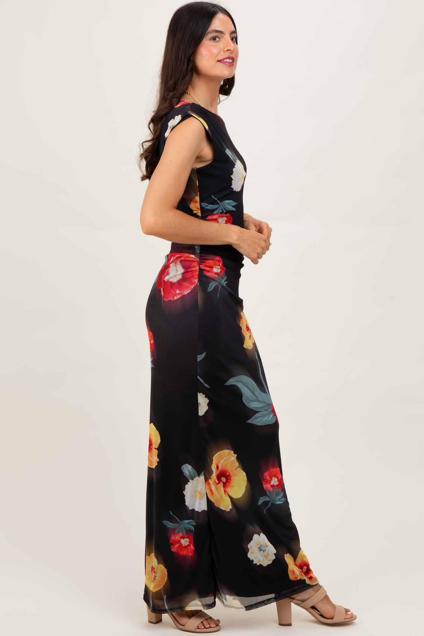 Black Mesh Floral One Shoulder Maxi Dress