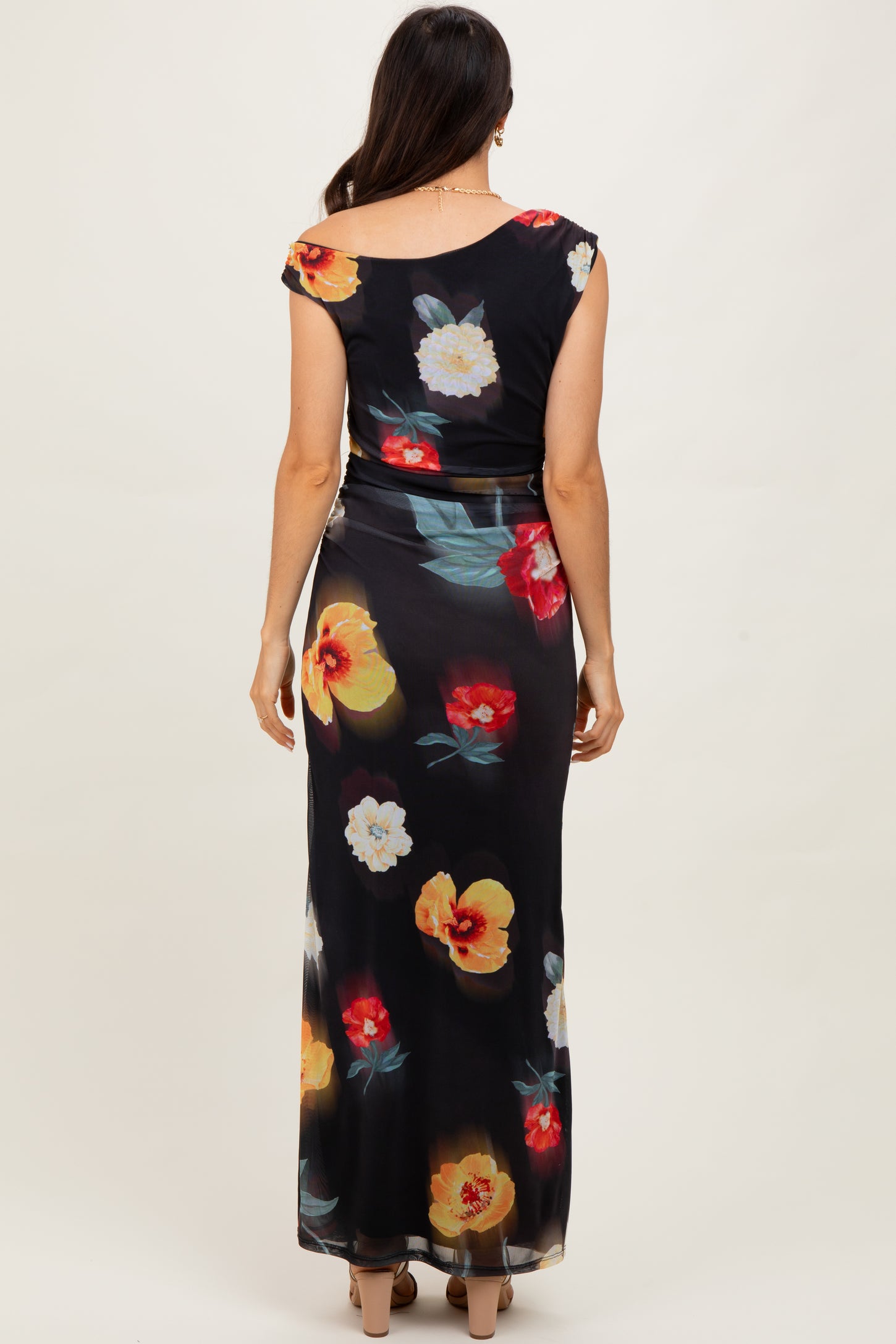 Black Mesh Floral One Shoulder Maxi Dress