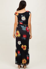 Black Mesh Floral One Shoulder Maxi Dress