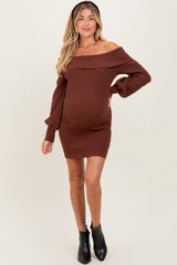 Brown Off The Shoulder Maternity Sweater Dress