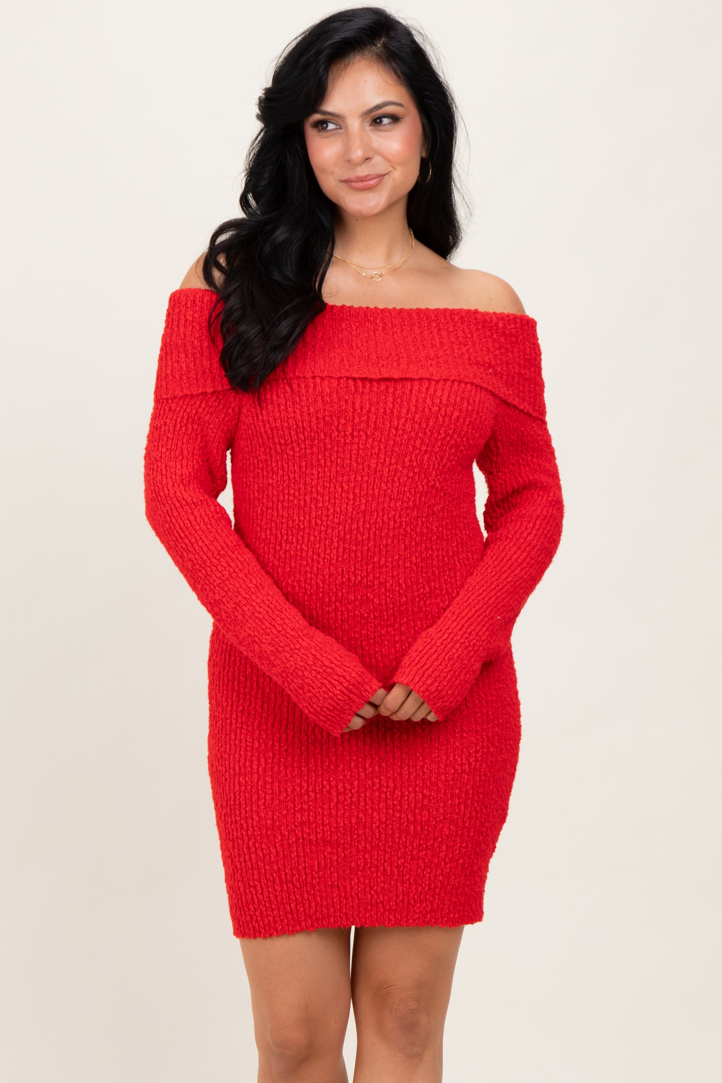 Red Off The Shoulder Knit Sweater Maternity Mini Dress